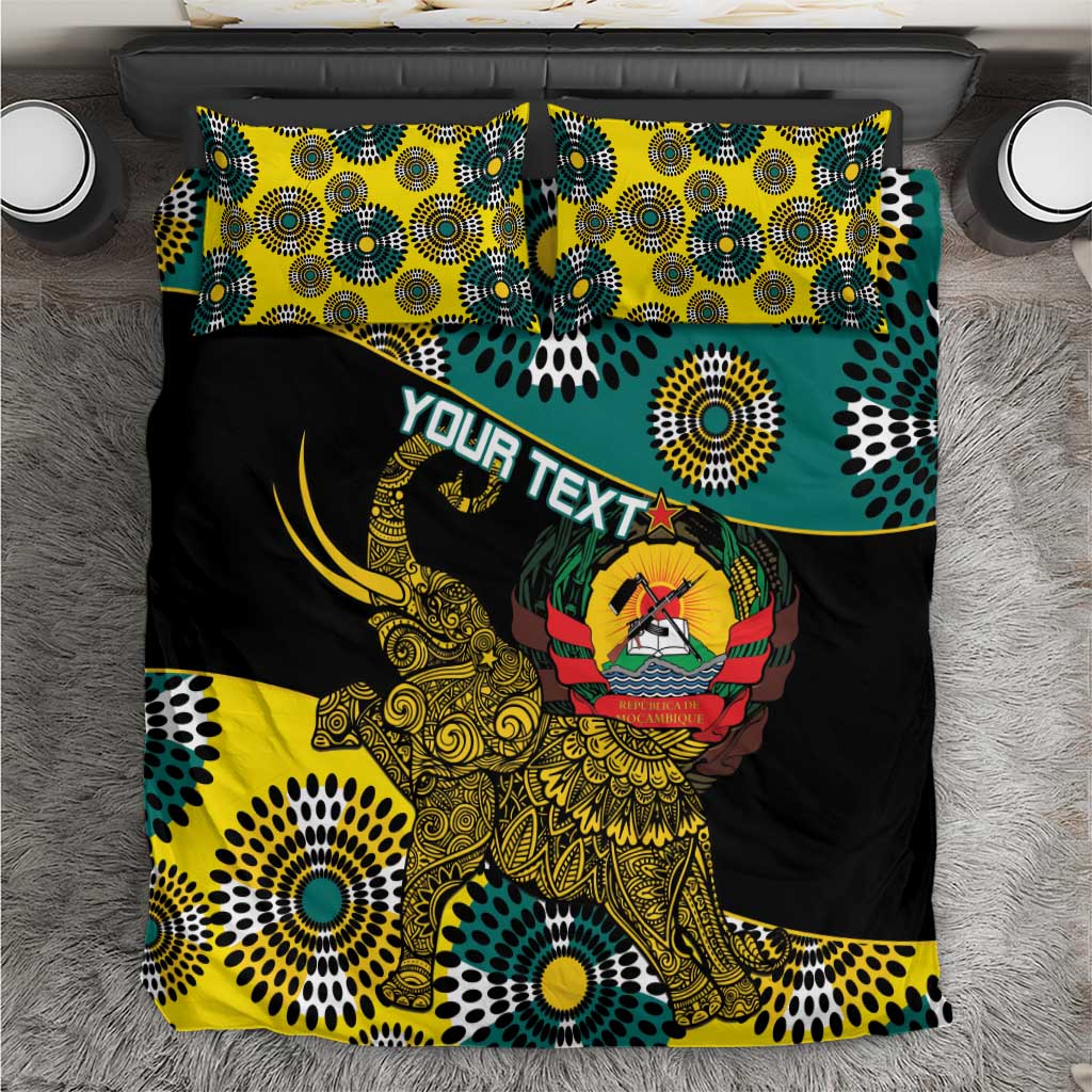 African elephant bedding set with black, teal & yellow circular print and coat-of-arms graphic