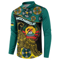 Green button sweatshirt front with Mozambique text and elephant crest illustration