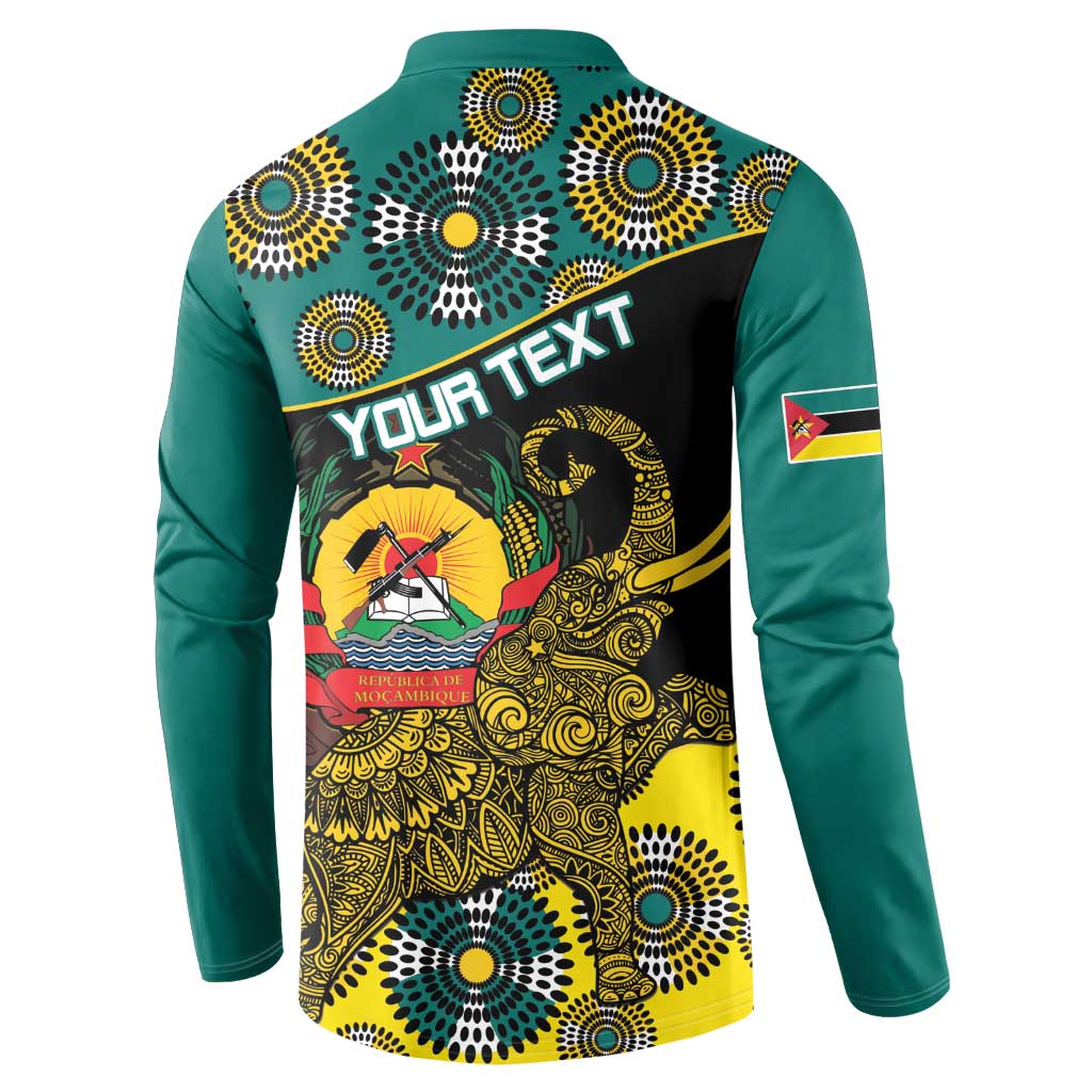 Green button sweatshirt back with 'YOUR TEXT' and elephant coat-of-arms print