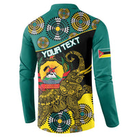 Green button sweatshirt back with 'YOUR TEXT' and elephant coat-of-arms print