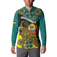 Green button sweatshirt front featuring Mozambique elephant and crest graphic
