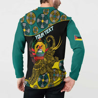 Green button sweatshirt back with 'YOUR TEXT' print and Mozambique flag sleeve patch