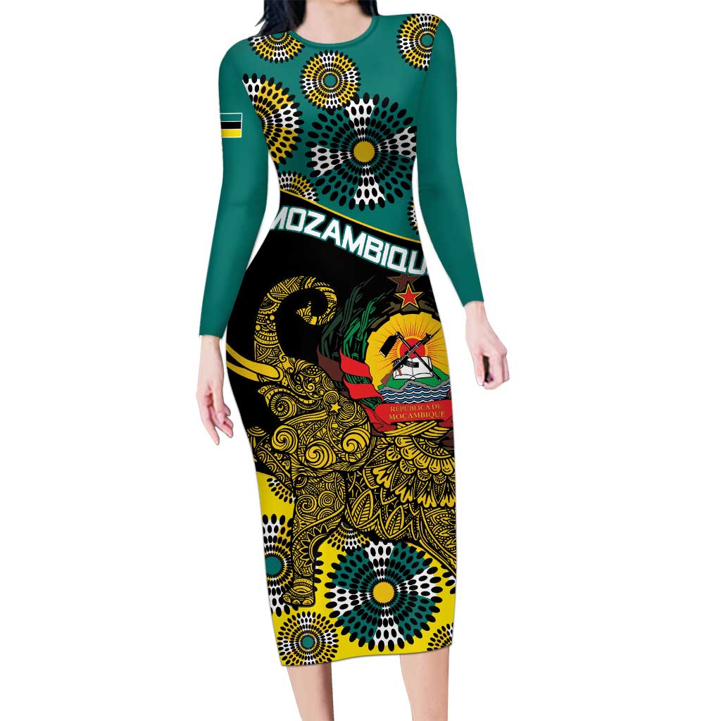 Personalised Mozambique Long Sleeve Bodycon Dress African Elephant With Coat Of Arms - Wonder Print Shop