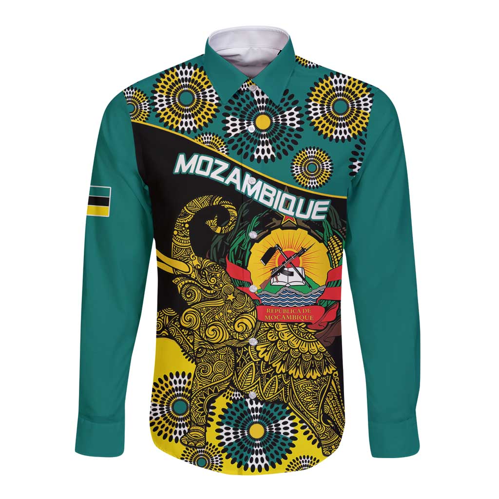 Personalized Mozambique long sleeve button shirt, green with elephant and coat of arms graphic
