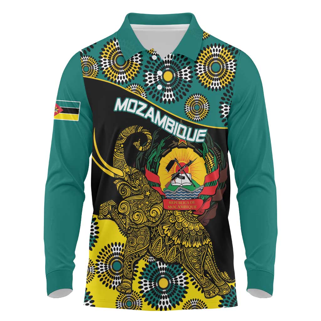 Personalised Mozambique Long Sleeve Polo Shirt African Elephant With Coat Of Arms - Wonder Print Shop