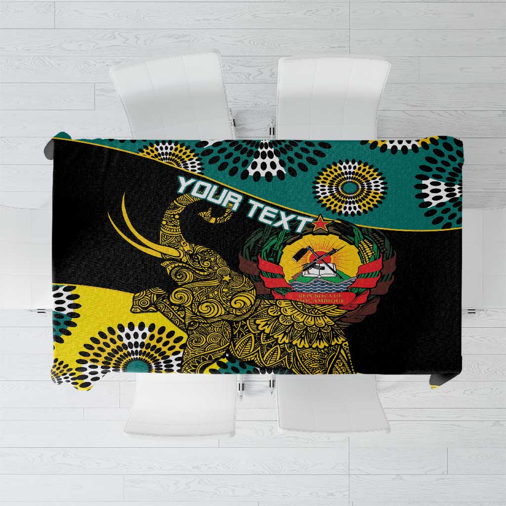 Green Mozambique tablecloth with printed elephant and coat of arms, black and yellow pattern