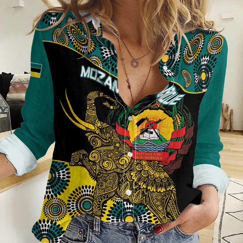 Personalised Mozambique Women Casual Shirt African Elephant With Coat Of Arms