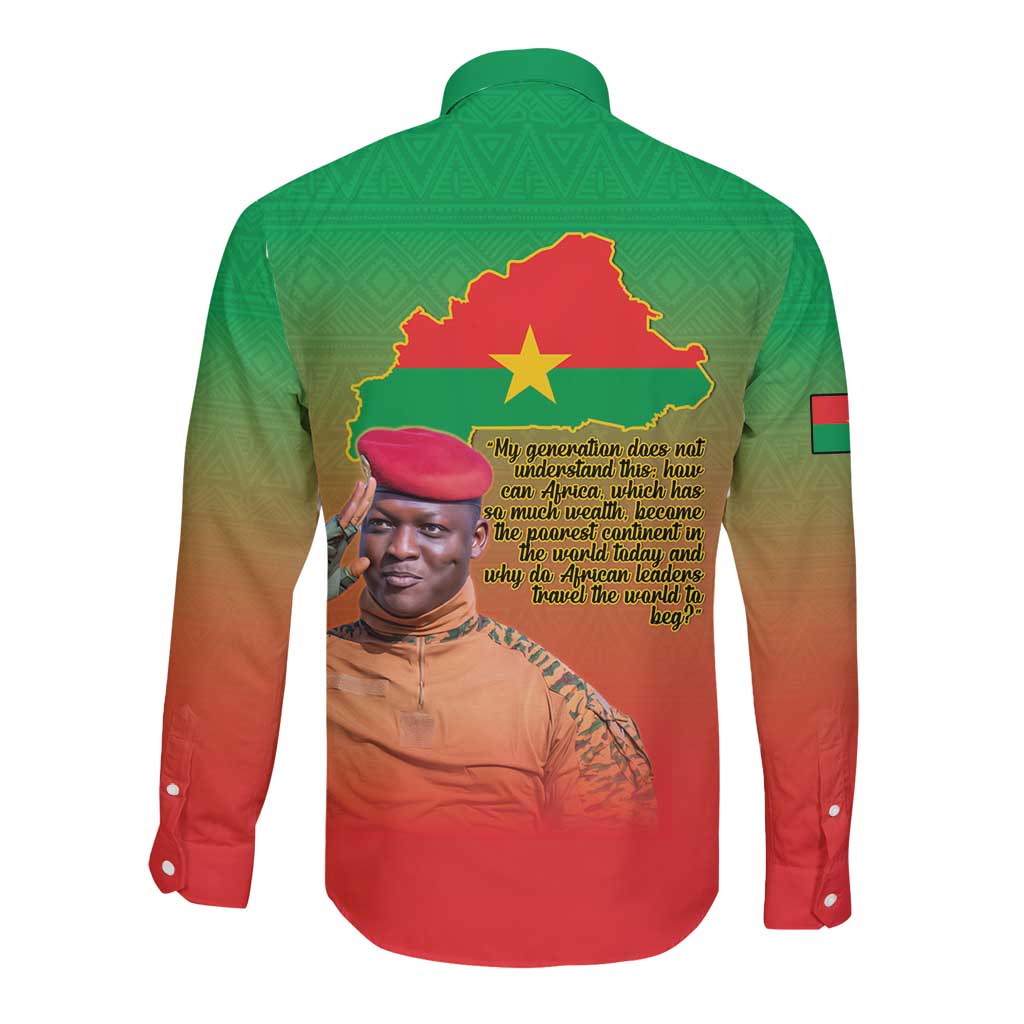 Back view long-sleeve button shirt with Burkina Faso map, yellow star, and quote text