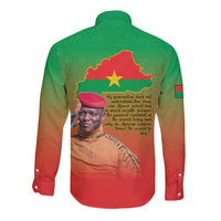 Back view long-sleeve button shirt with Burkina Faso map, yellow star, and quote text