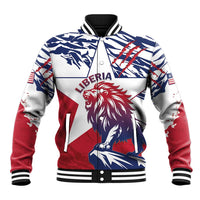 Red, blue and white baseball jacket with lion graphic, zip front, striped ribbed trim