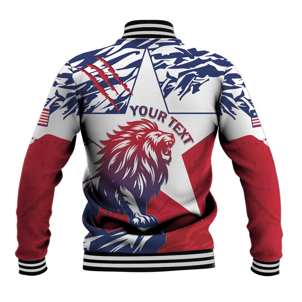 Back view baseball jacket in red, blue and white with lion emblem and striped ribbed hem