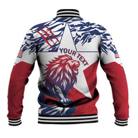 Back view baseball jacket in red, blue and white with lion emblem and striped ribbed hem