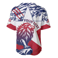 Baseball jersey back with lion graphic and 'YOUR TEXT' text panel, button collar