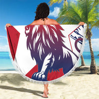 Round beach blanket with Liberia lion graphic, white/red/navy design and fringed border, 150 cm