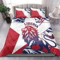 Liberia lion bedding set on bed: red/white/blue duvet with lion and Liberia text