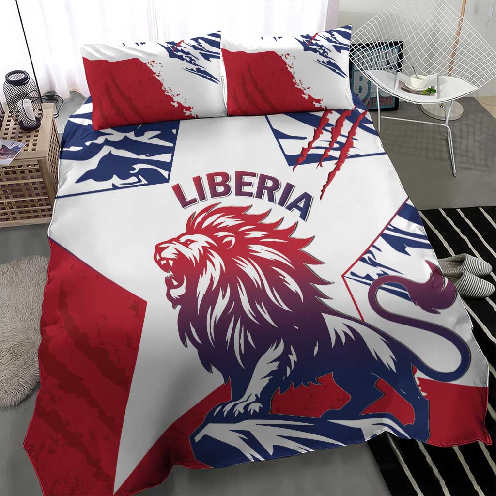 Liberia lion duvet cover with red, white and blue panels, lion graphic and flags