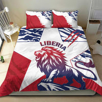 Liberia lion bedding set on bed with red/white/blue duvet, lion face and Liberia text