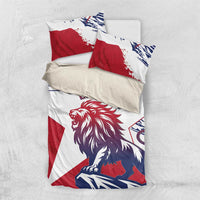 Liberia lion bedding set, folded/laid out: red/white/blue duvet with lion graphic