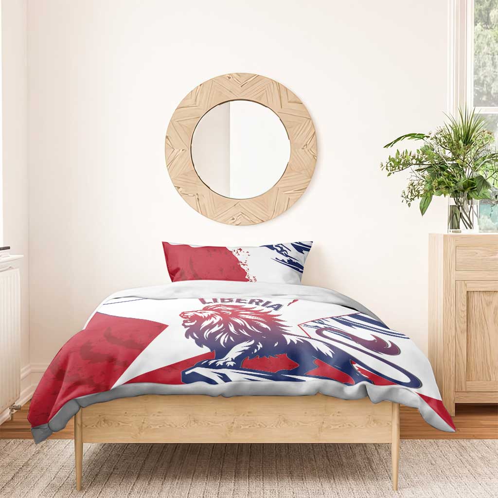 Liberia lion bedding set on wooden bed: red/white/blue duvet with lion and Liberia