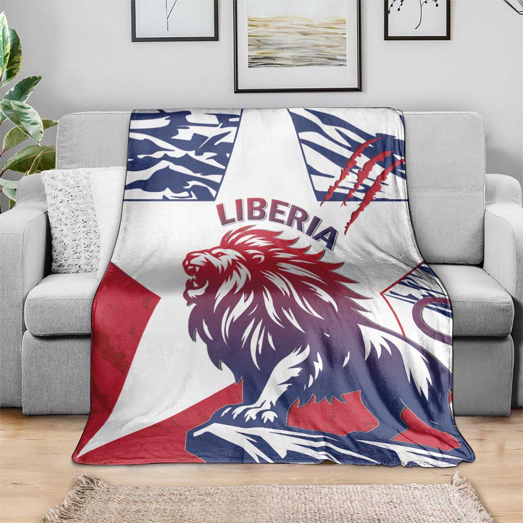 Printed lion blanket with Liberia text, white base with red and navy flag graphics