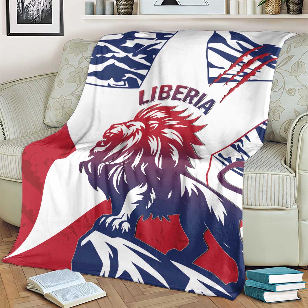 Lion portrait throw blanket, white with red and navy Liberia text and waving flag art