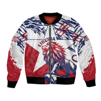Unisex bomber jacket with red, white, and blue lion graphic and Liberia text