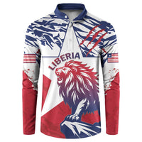 Red and navy button sweatshirt with Liberia lion graphic on the front