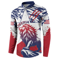 Red and navy button sweatshirt with Liberia lion graphic and flag stripe sleeve details