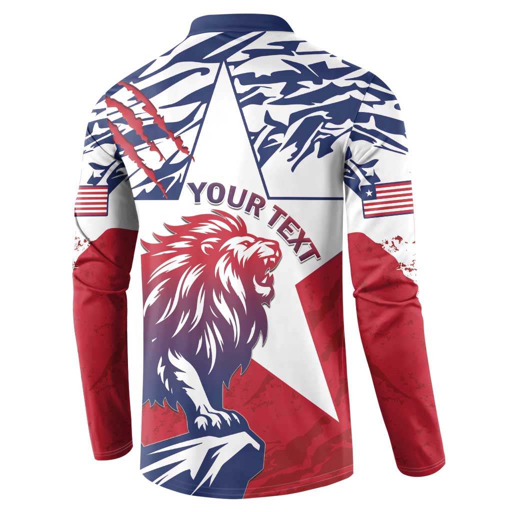 Red and navy button sweatshirt with back lion head graphic and 'YOUR TEXT'