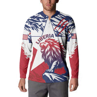 Red and navy button sweatshirt with Liberia lion graphic and collar button placket