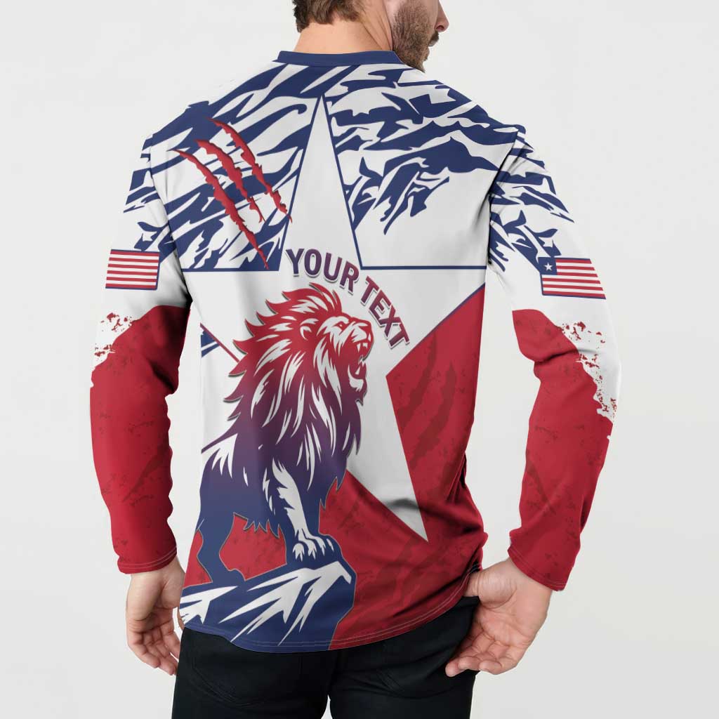Red and navy button sweatshirt back print with lion head and flag stripe sleeves
