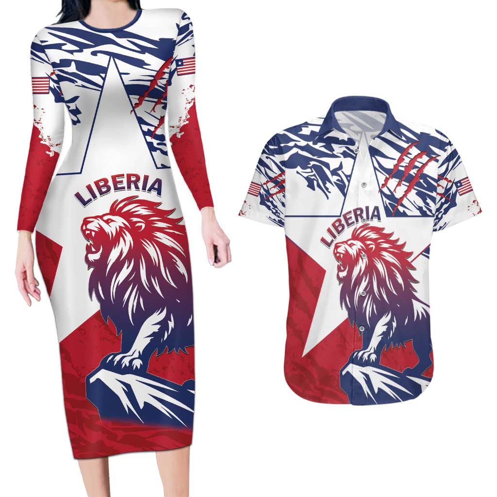 Personalised Liberia Lion Couples Matching Long Sleeve Bodycon Dress and Hawaiian Shirt Grunge Style - Wonder Print Shop