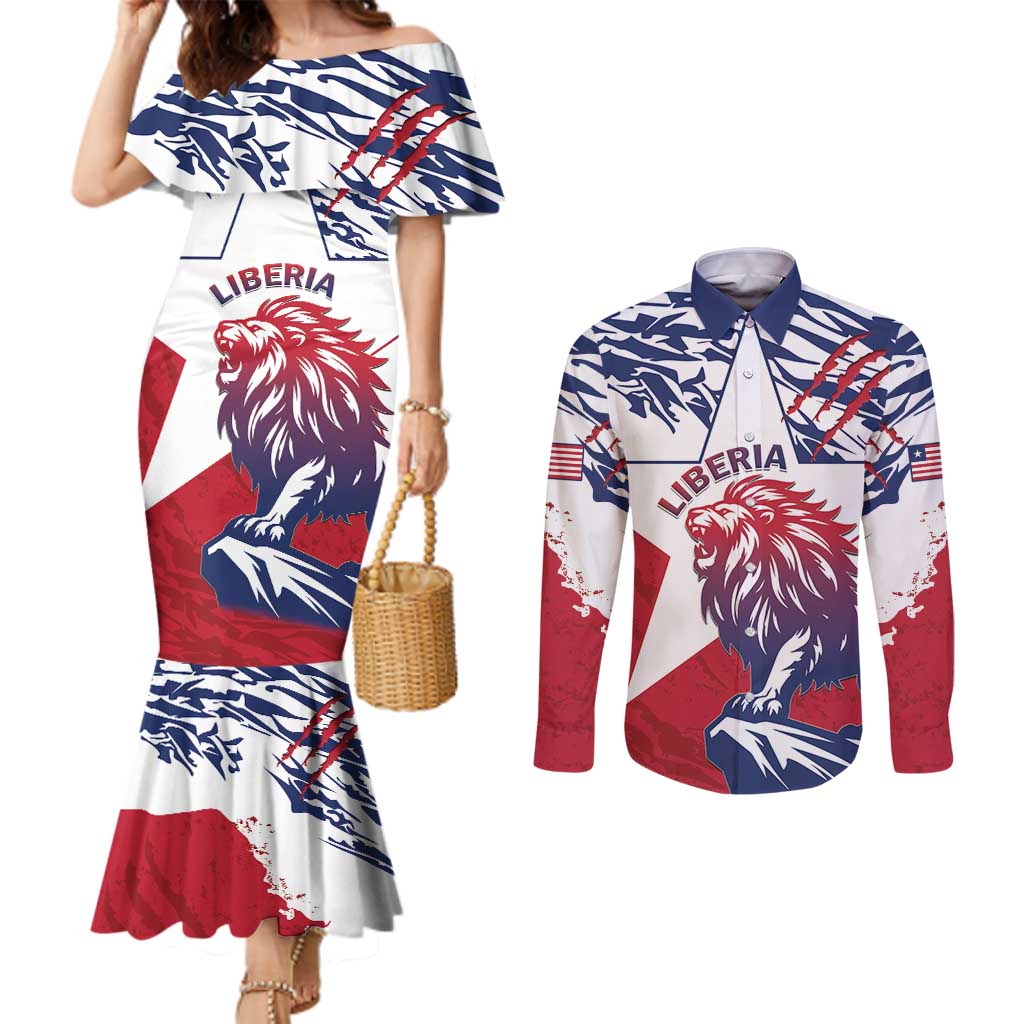 Personalised Liberia Lion Couples Matching Mermaid Dress and Long Sleeve Button Shirt Grunge Style