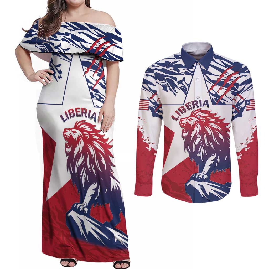 Personalised Liberia Lion Couples Matching Off Shoulder Maxi Dress and Long Sleeve Button Shirt Grunge Style - Wonder Print Shop