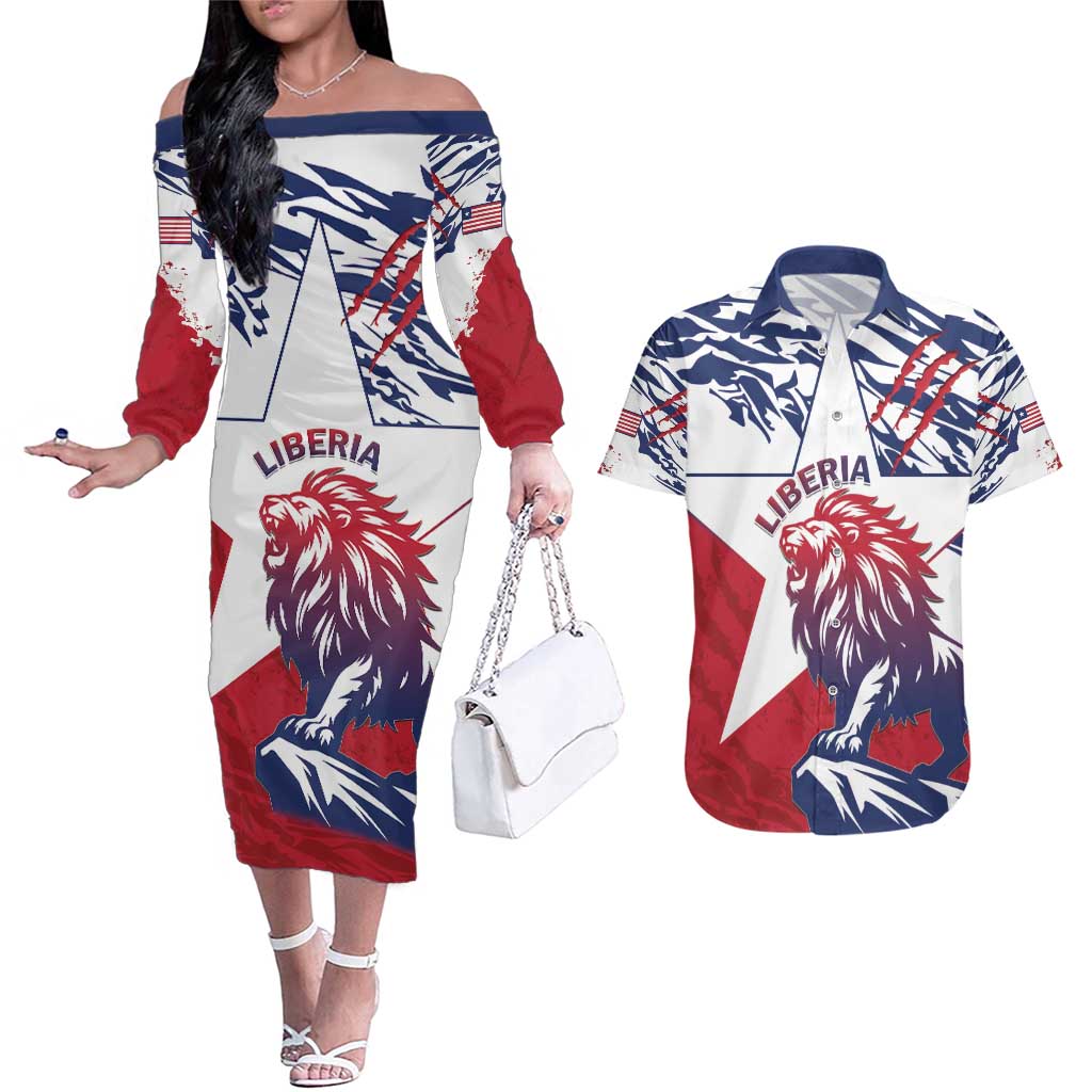 Personalised Liberia Lion Couples Matching Off The Shoulder Long Sleeve Dress and Hawaiian Shirt Grunge Style - Wonder Print Shop