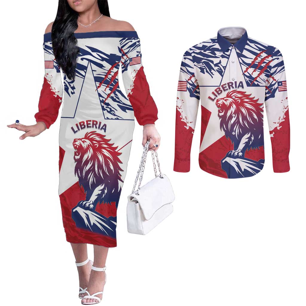 Personalised Liberia Lion Couples Matching Off The Shoulder Long Sleeve Dress and Long Sleeve Button Shirt Grunge Style