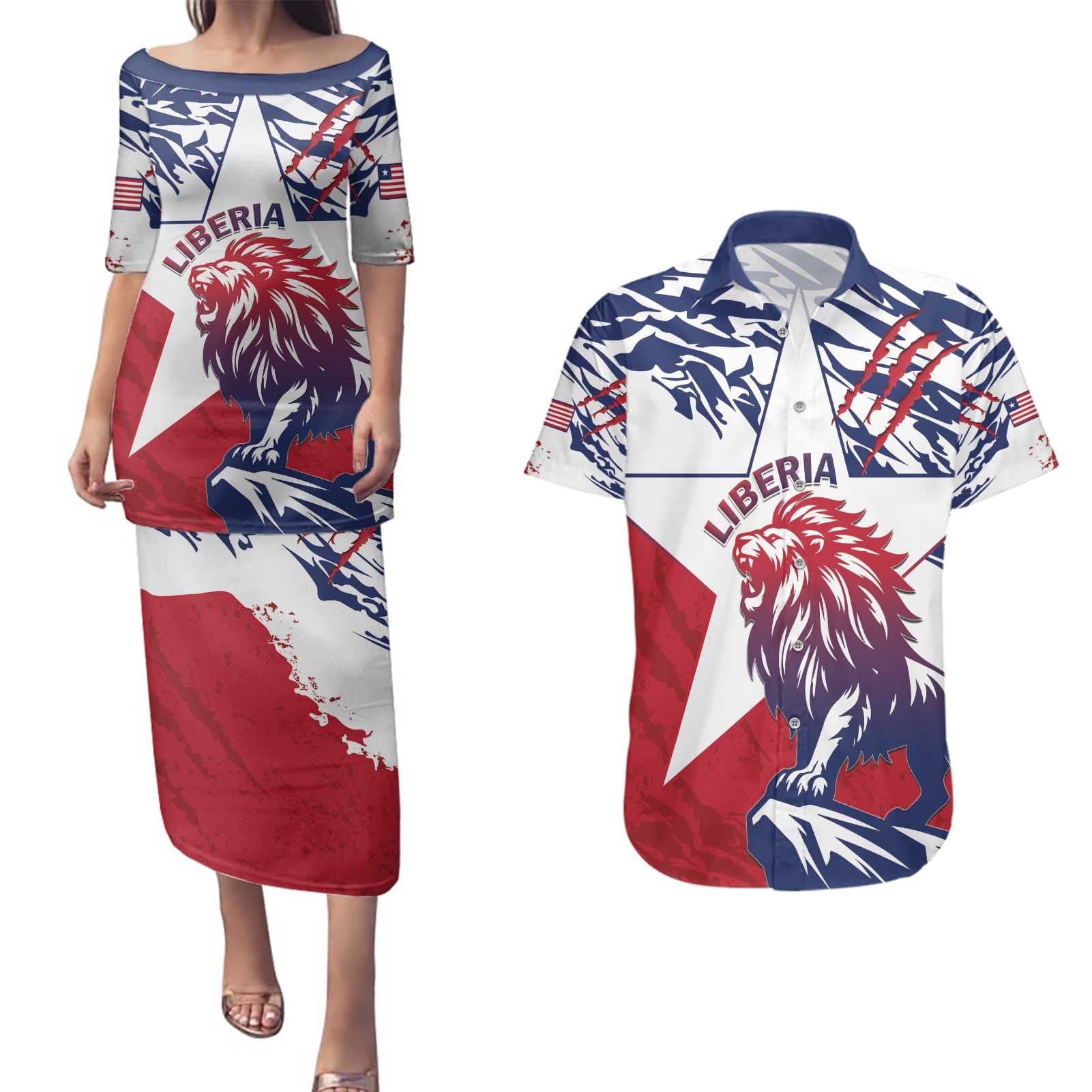 Personalised Liberia Lion Couples Matching Puletasi and Hawaiian Shirt Grunge Style - Wonder Print Shop