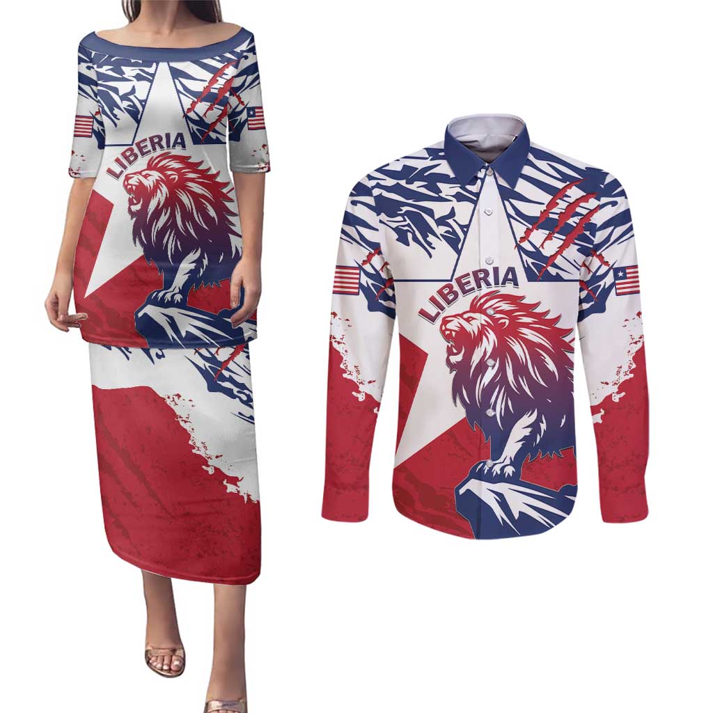 Personalised Liberia Lion Couples Matching Puletasi and Long Sleeve Button Shirt Grunge Style - Wonder Print Shop