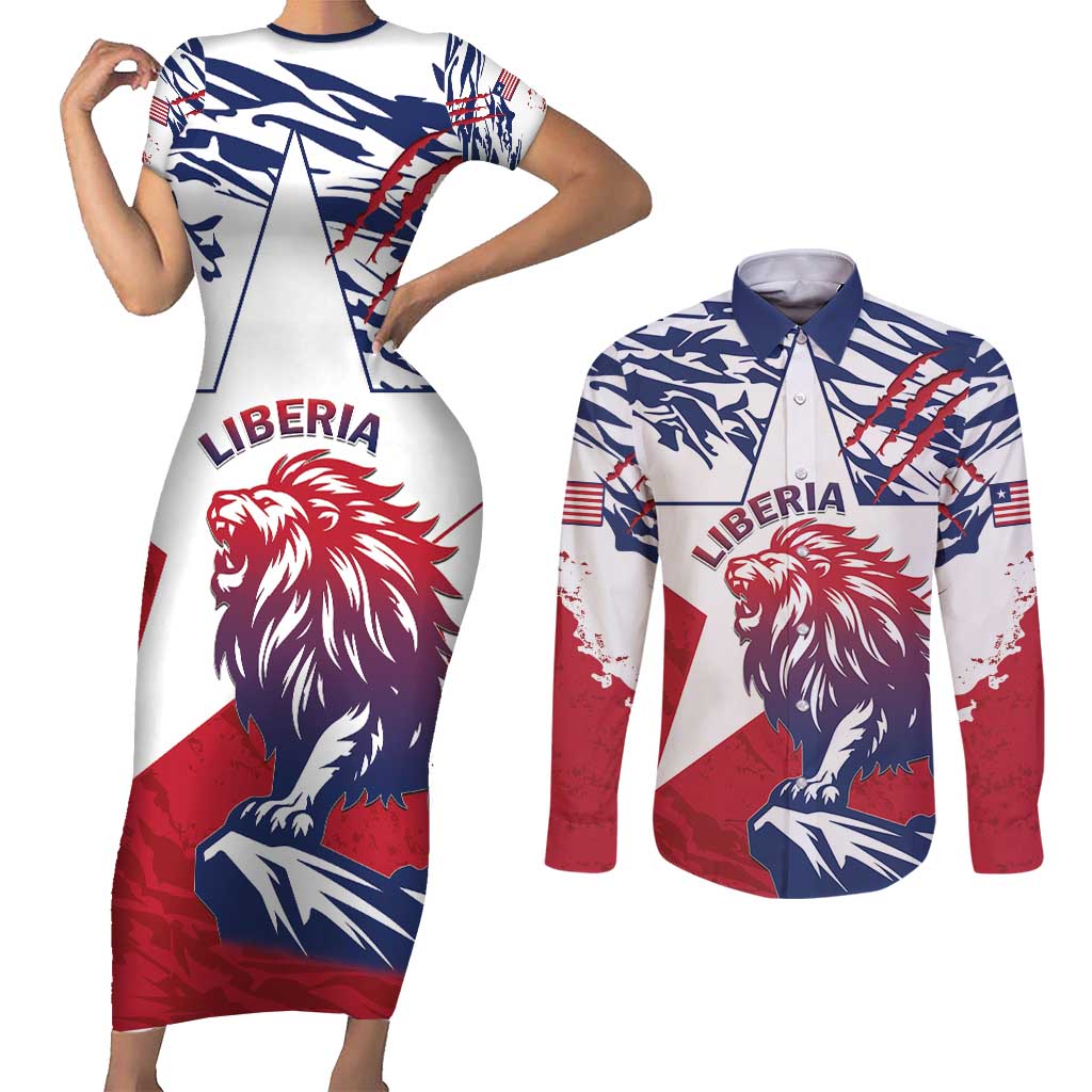 Personalised Liberia Lion Couples Matching Short Sleeve Bodycon Dress and Long Sleeve Button Shirt Grunge Style - Wonder Print Shop