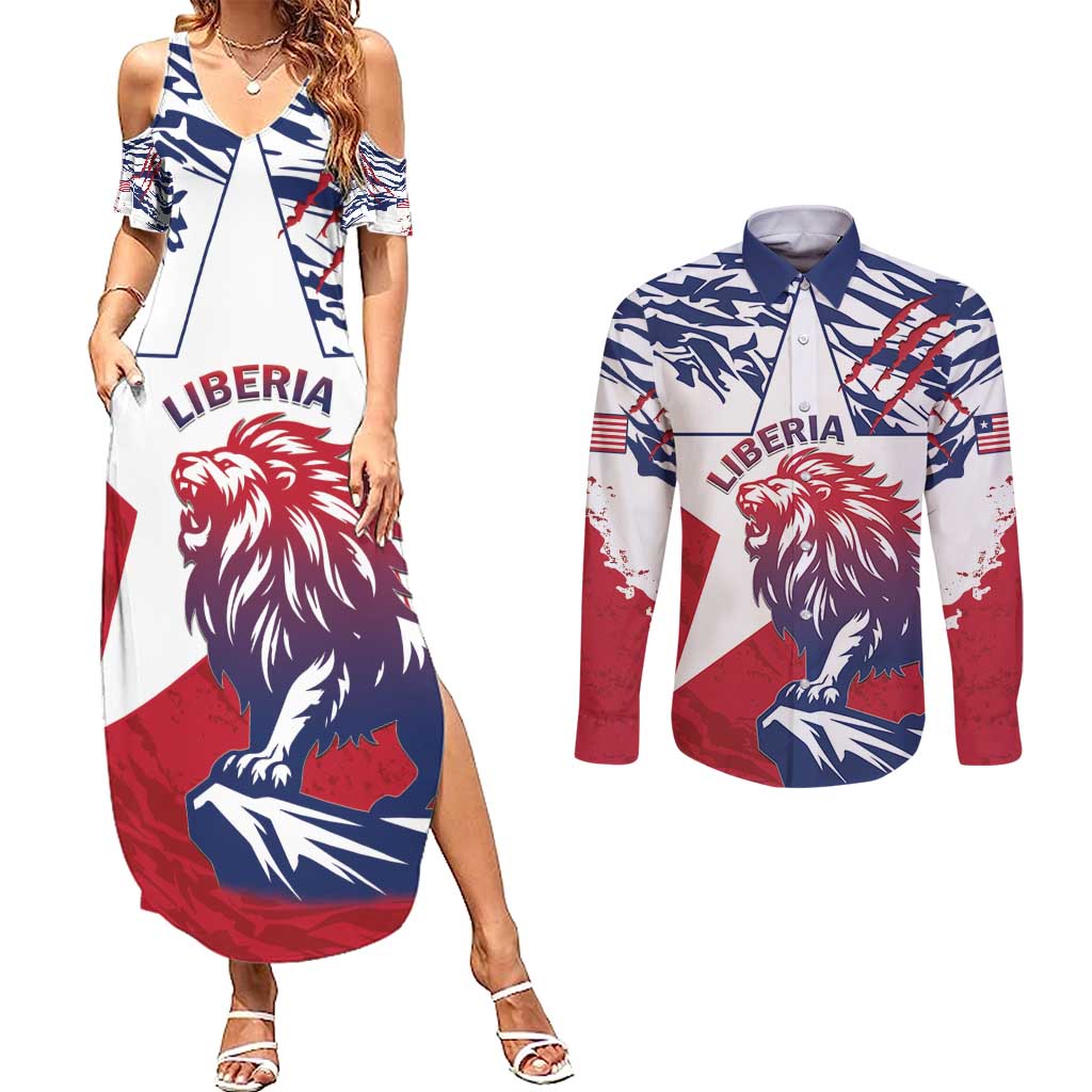 Personalised Liberia Lion Couples Matching Summer Maxi Dress and Long Sleeve Button Shirt Grunge Style - Wonder Print Shop