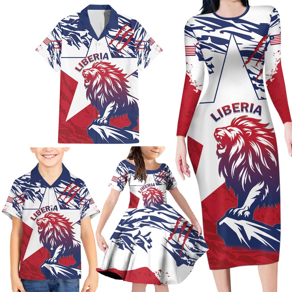 Personalised Liberia Lion Family Matching Long Sleeve Bodycon Dress and Hawaiian Shirt Grunge Style - Wonder Print Shop