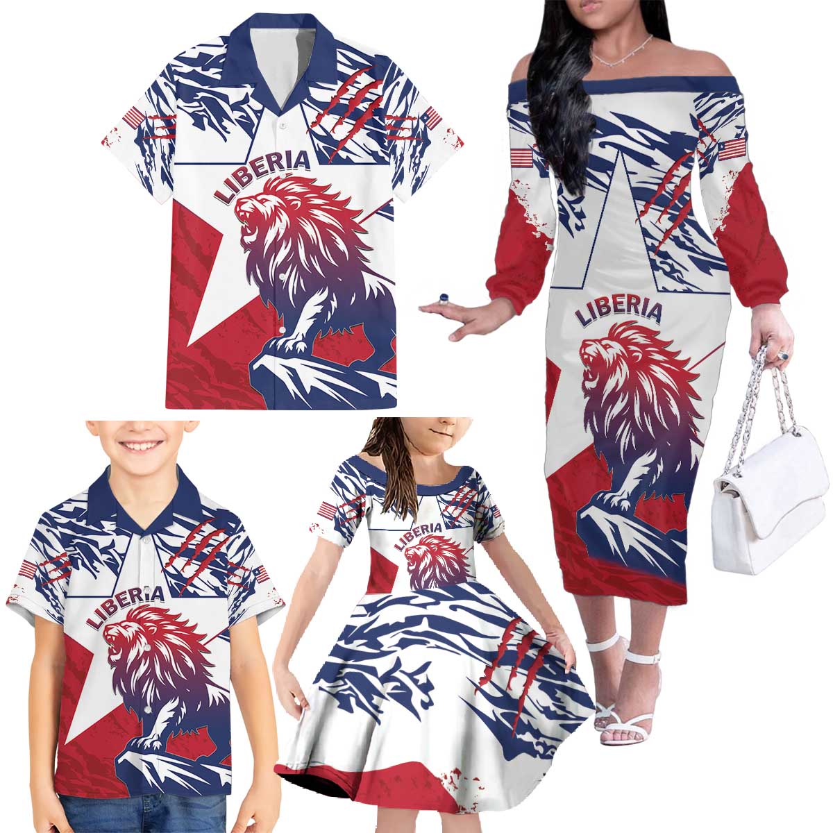 Personalised Liberia Lion Family Matching Off The Shoulder Long Sleeve Dress and Hawaiian Shirt Grunge Style - Wonder Print Shop