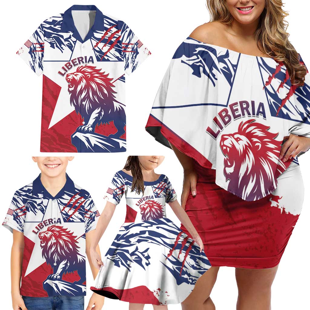 Personalised Liberia Lion Family Matching Off Shoulder Short Dress and Hawaiian Shirt Grunge Style - Wonder Print Shop