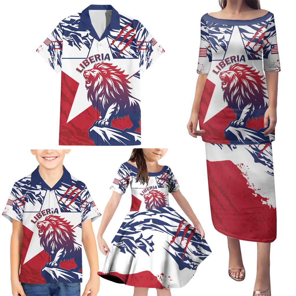 Personalised Liberia Lion Family Matching Puletasi and Hawaiian Shirt Grunge Style - Wonder Print Shop