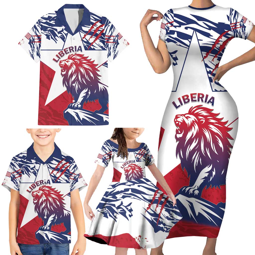 Personalised Liberia Lion Family Matching Short Sleeve Bodycon Dress and Hawaiian Shirt Grunge Style - Wonder Print Shop