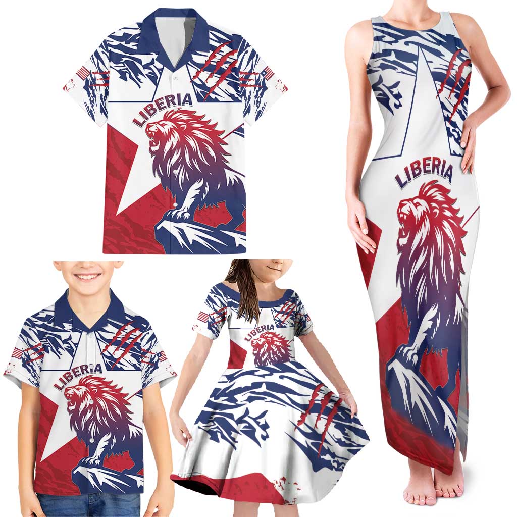 Personalised Liberia Lion Family Matching Tank Maxi Dress and Hawaiian Shirt Grunge Style - Wonder Print Shop