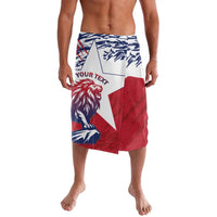 Red, white and blue graphic board shorts with lion logo and custom text panel