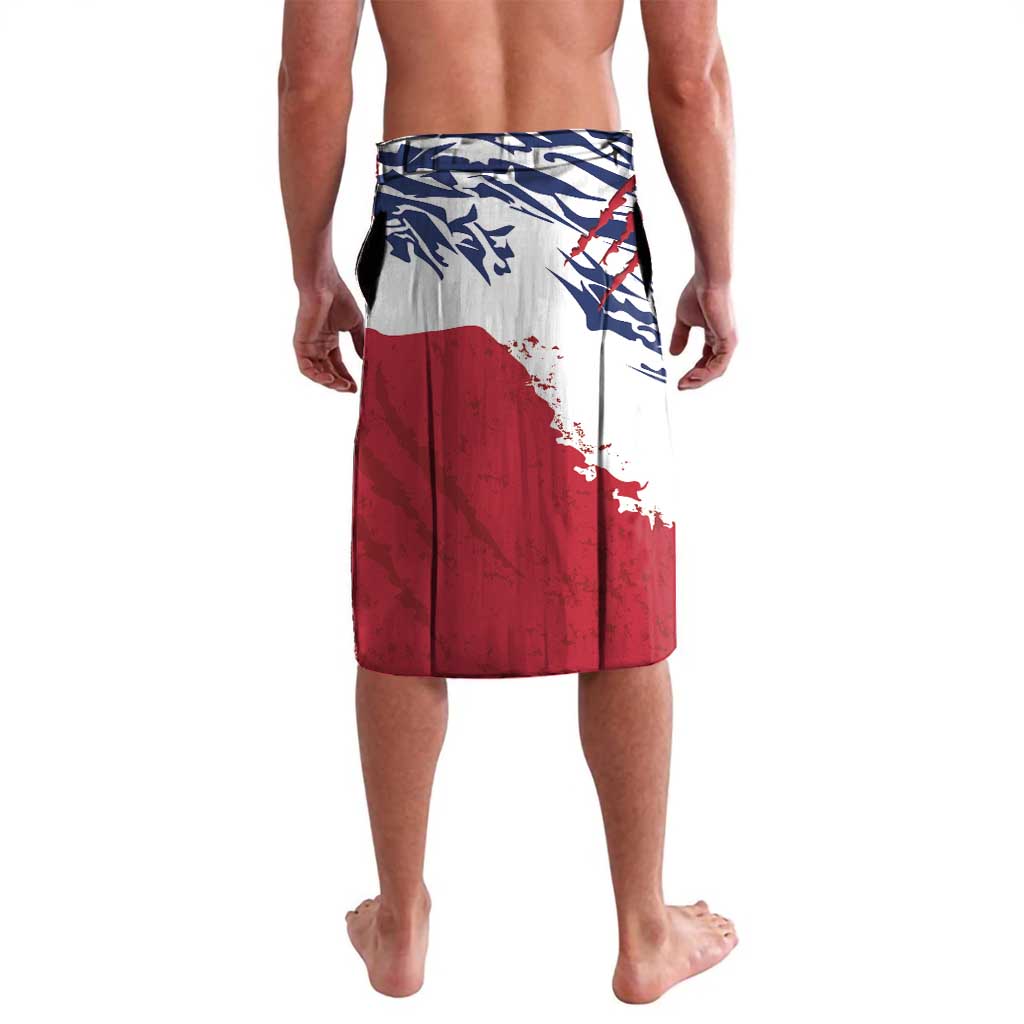 Red, white and blue graphic board shorts with splatter flag-style design