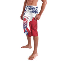 Red, white and blue graphic board shorts with lion artwork and side flag panels