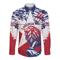 Long-sleeve button shirt with red, white, and blue lion graphic and Liberia lettering